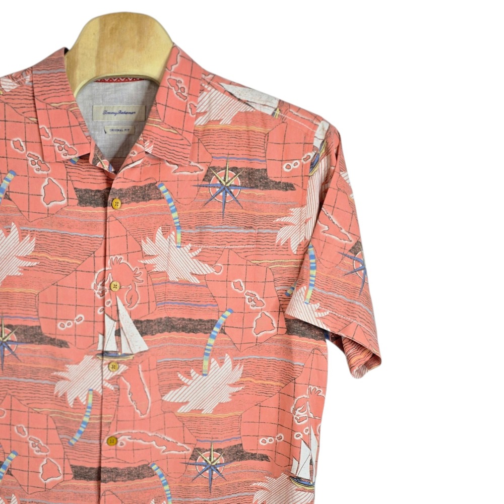 Tommy Bahama Mens XXL Silk‎ Shirt Coral Pink Nautical Map Sailboat Original Fit